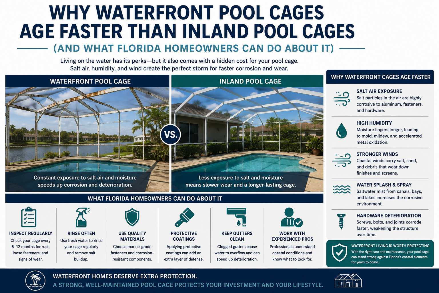 Why Waterfront Pool Cages Age Faster Than Inland Pool Cages (And What Florida Homeowners Can Do About It) — Screening DunRite